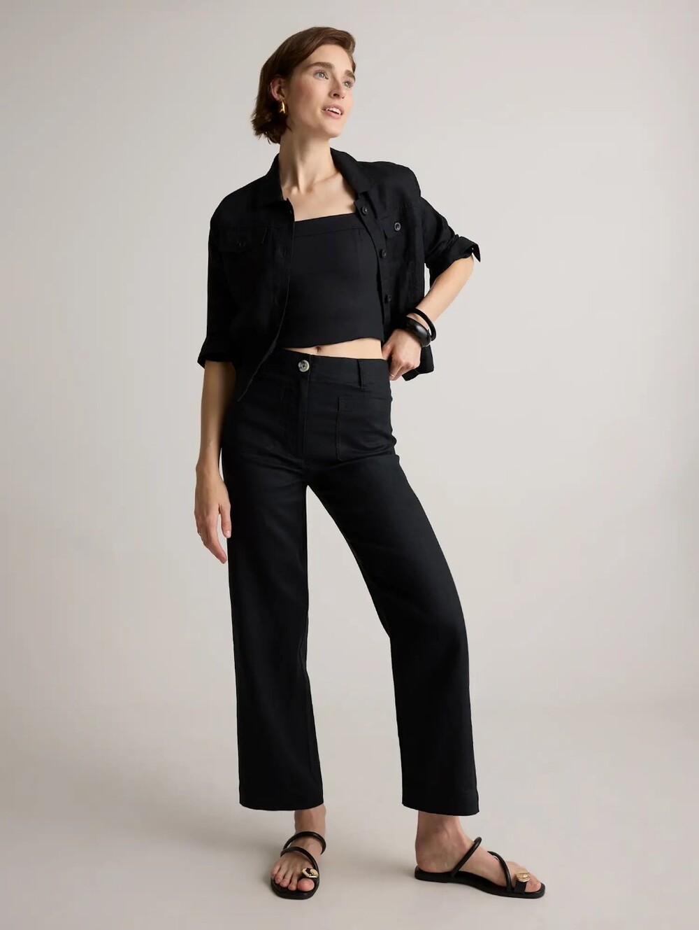 🔥 100% European Linen Patch Pocket Wide Leg Pants, Black (2)